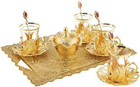 Turkish Tea Glasses Set with Decorated Metal Glass Holders,  Saucers, Sugar Bowl with Lid & Serving Tray for 4 Ppl, 3.3 Oz (Gold): Tea  Sets