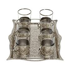 Turkish Tea Set for 6 - Glasses with Brass Holders & Tray,Silver (6.6 Oz  (200ml)) - Moroccan & Uzbek Food Recipe Blog & Online Shop